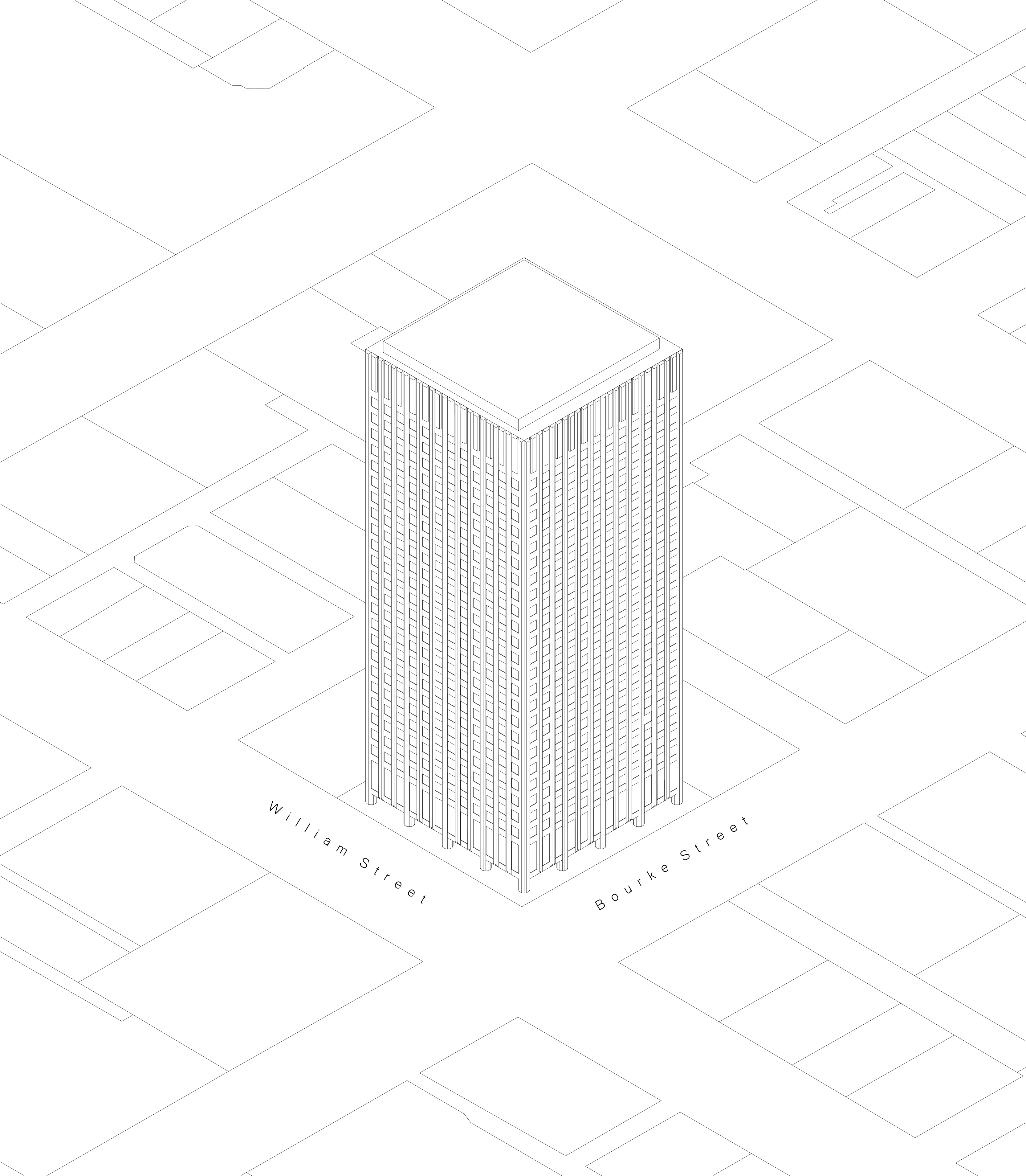 Detailed axonometric architectural line drawing of AMP Tower and surrounding streets
